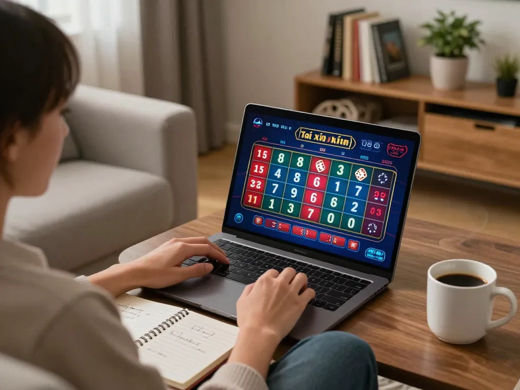 Taking bets in an engaging tài xỉu online game on a laptop in a cozy home environment