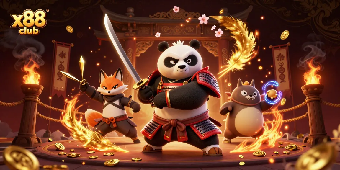 x88 club showcases a dynamic 3D scene of a samurai panda and ninja fox engaging in a thrilling gambling adventure.