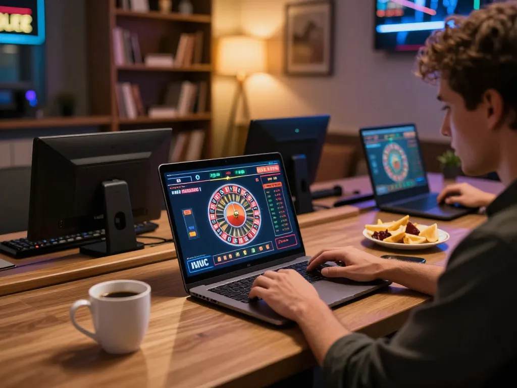 Player enjoying an online rr88 casino experience, engaged with roulette game on a laptop