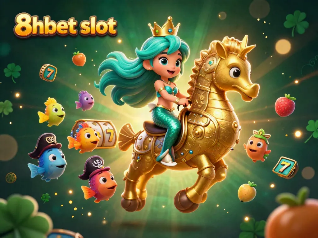 Engage with the thrill of 8xbet slot as a mermaid princess rides a seahorse in a dynamic underwater casino scene.