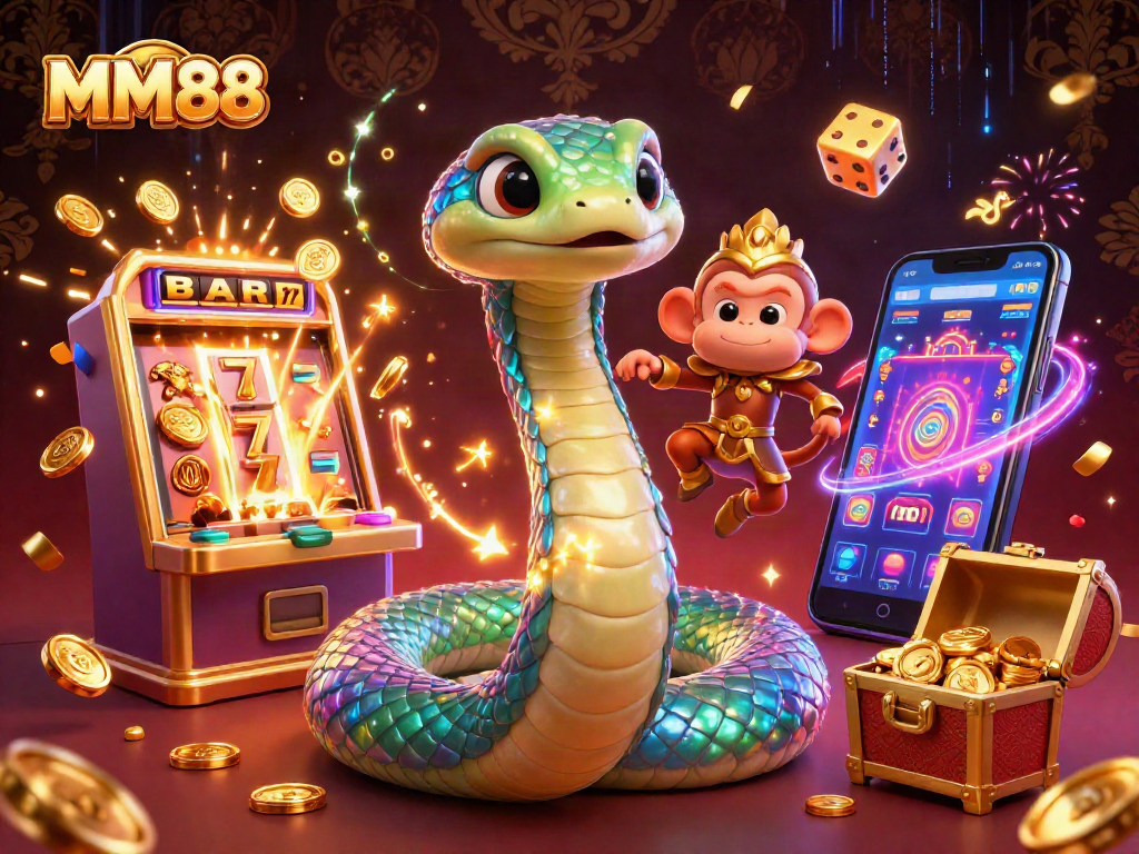 Experience the excitement of MM88 with vibrant slot machines and magical casino characters.