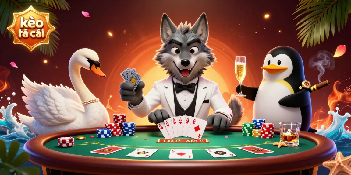 Experience the thrill of kèo nhà cái with this vibrant 3D illustration of a debonair wolf and friends at a baccarat table.