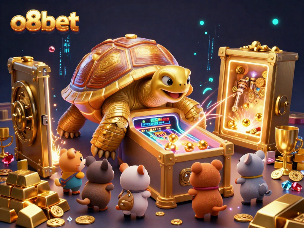 o8bet offers a vibrant scene of a golden tortoise pinball machine in a casino filled with treasures.