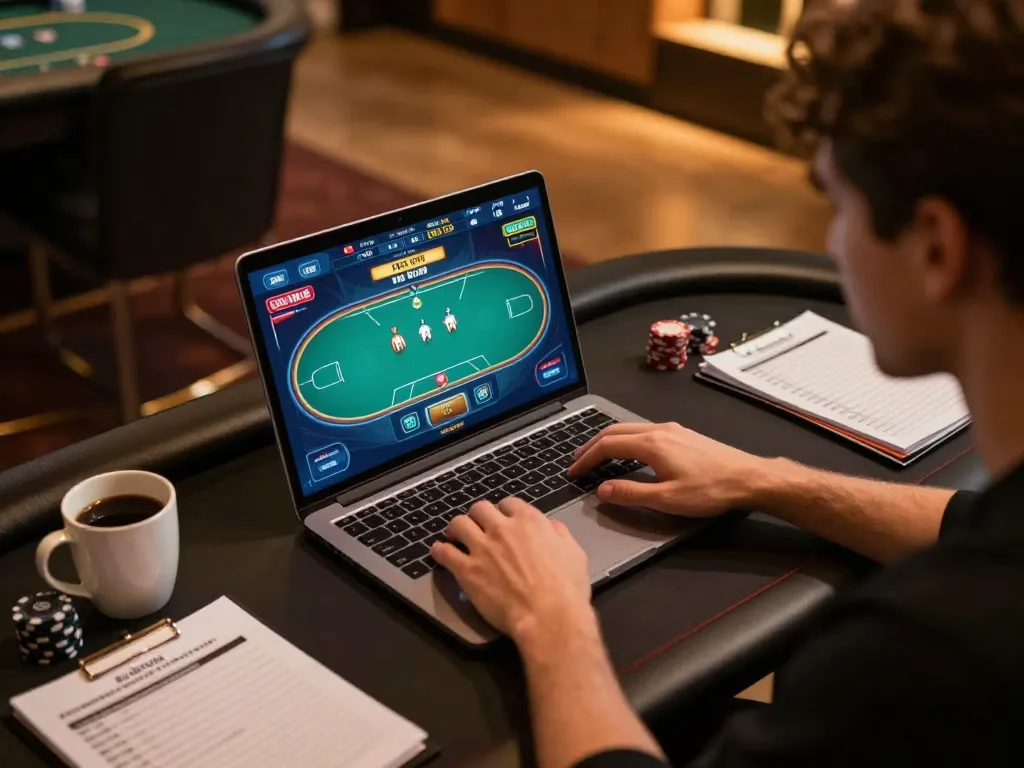 Win678 player engaging in online poker strategy at a stylish home setup
