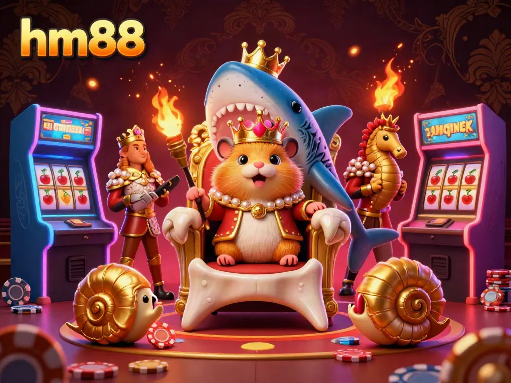 Engage in casino fun with hm88's vibrant character scene featuring a hamster king on a megalodon throne.
