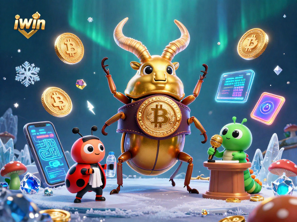 Engage in thrilling iwin casino action with vibrant golden stag beetle and ladybug in a dynamic scene.