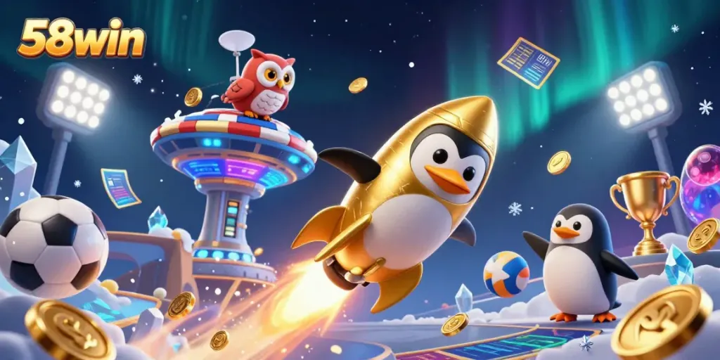 Experience the excitement of 58win with a golden penguin racing toward a casino against a vibrant cosmic backdrop.