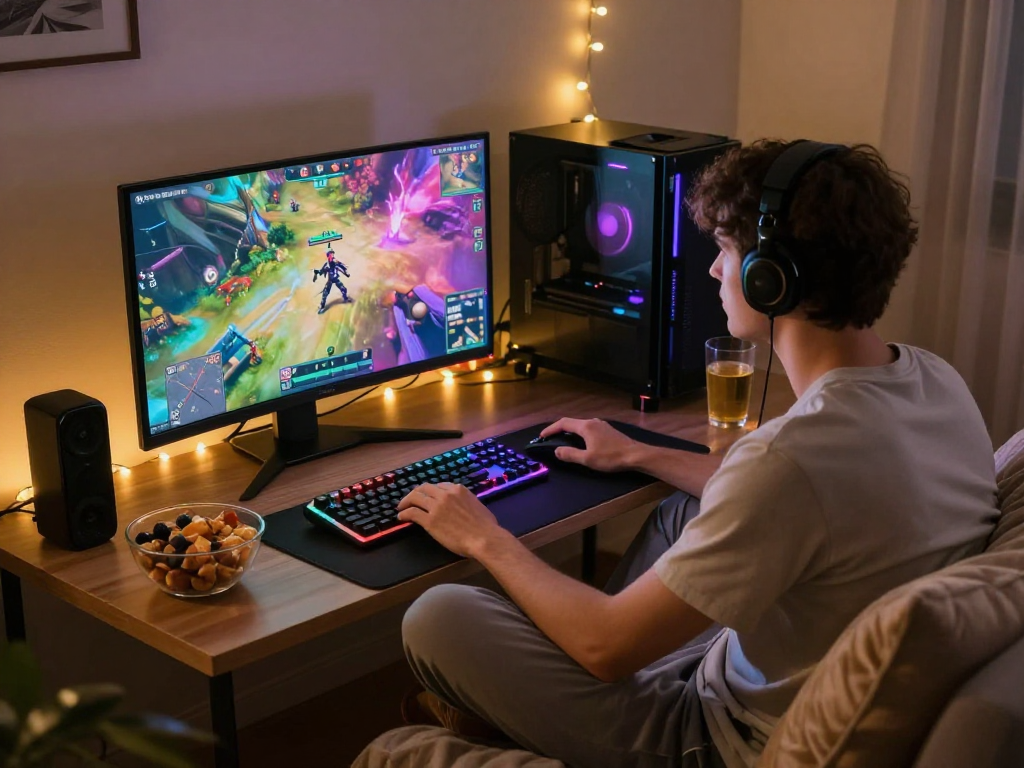 Engaging scene of a player enjoying porn games in a cozy room environment.