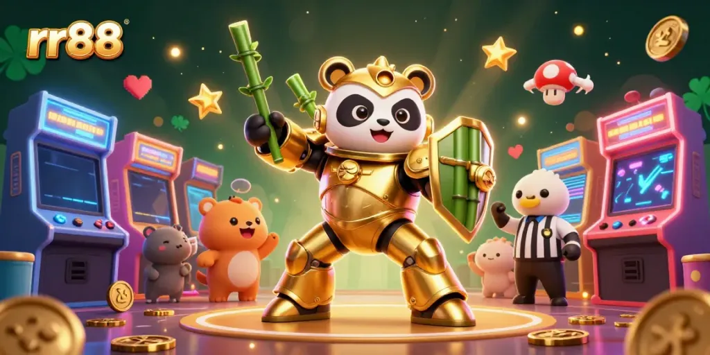 Engage with rr88 in a vibrant casino-themed arena, featuring playful and dynamic 3D cartoon characters.