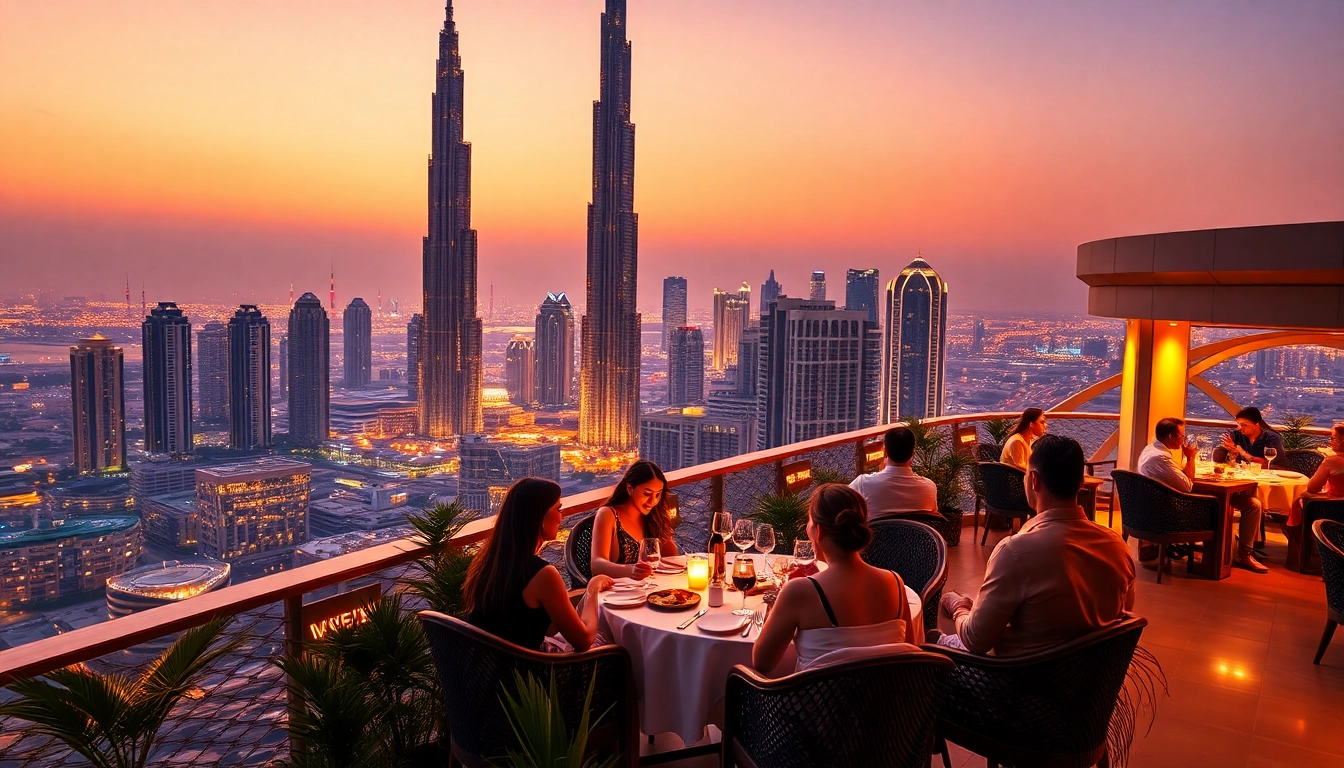 Enjoy a luxurious dining experience while you Travel to Dubai, overlooking the iconic skyline at sunset.