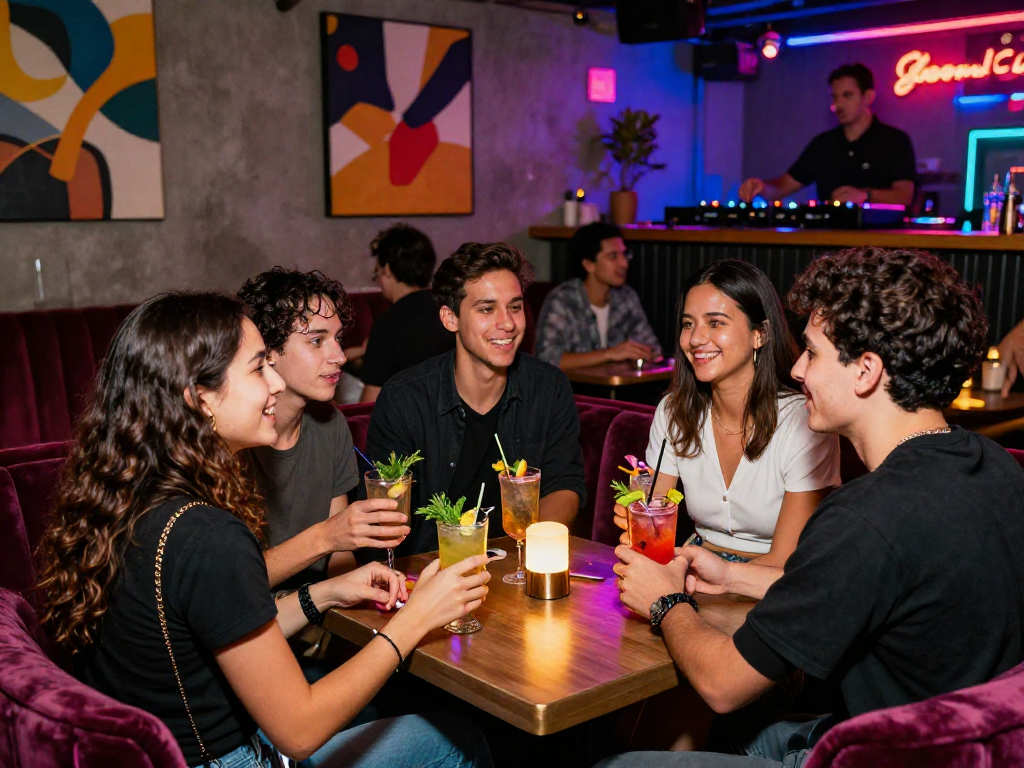 Social gathering of young adults in a trendy bar featuring cocktails and neon lights, capturing the essence of 18+ ai social interactions.