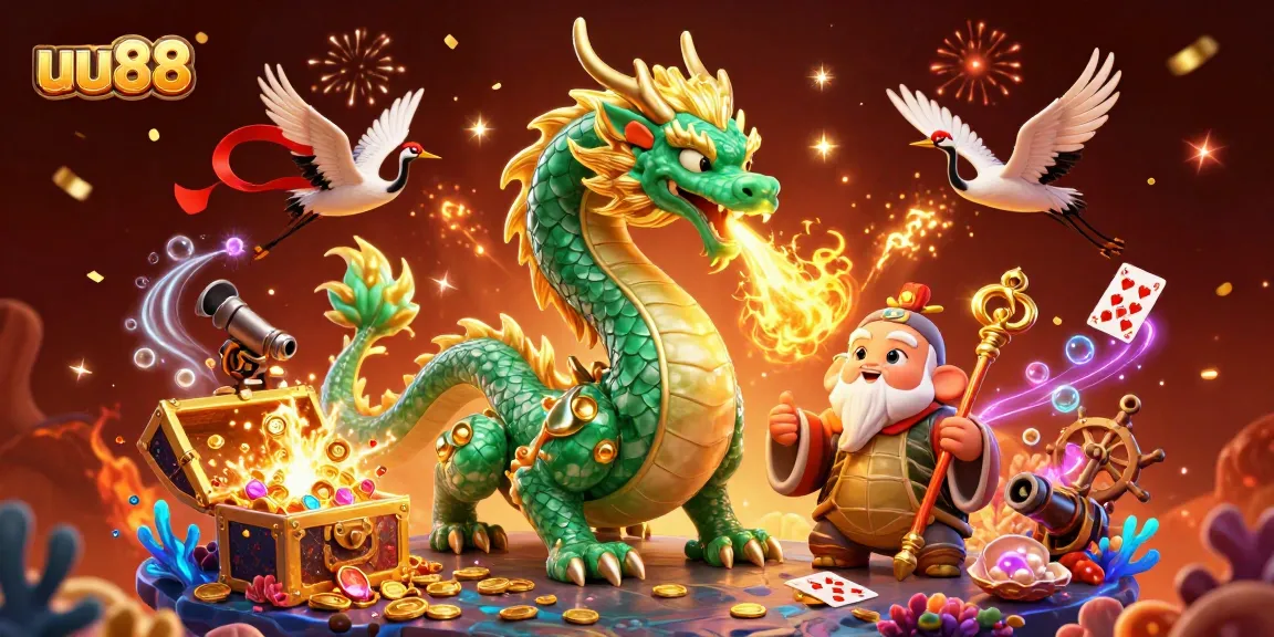 uu88 unleashes excitement with a vibrant 3D dragon, turtle sage, and lucky cranes amidst casino treasures.