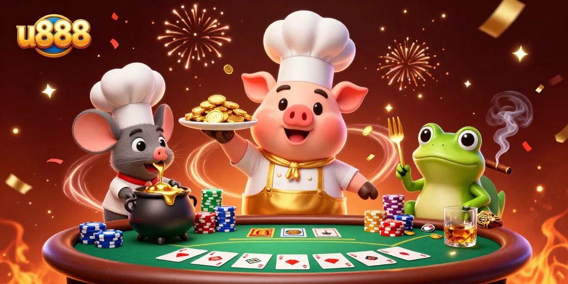 Experience thrilling u888 gameplay with gold coins and poker excitement in a vibrant 3D scene.