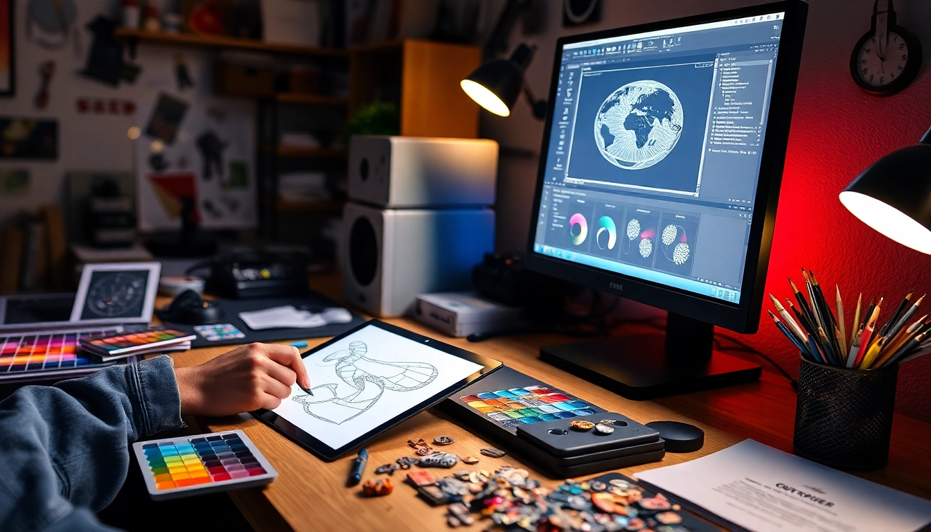 Creative workspace illustrating the design of custom pins with colorful palettes and artistic tools.