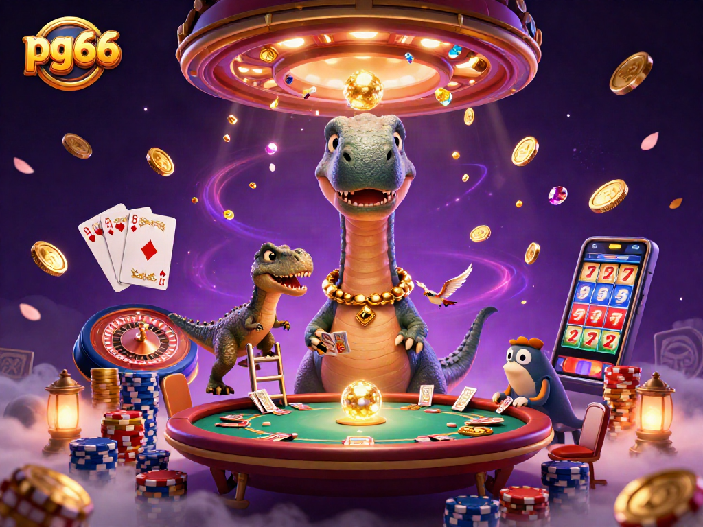 Engage with pg66's vibrant casino illustration featuring dynamic gaming action and colorful characters.