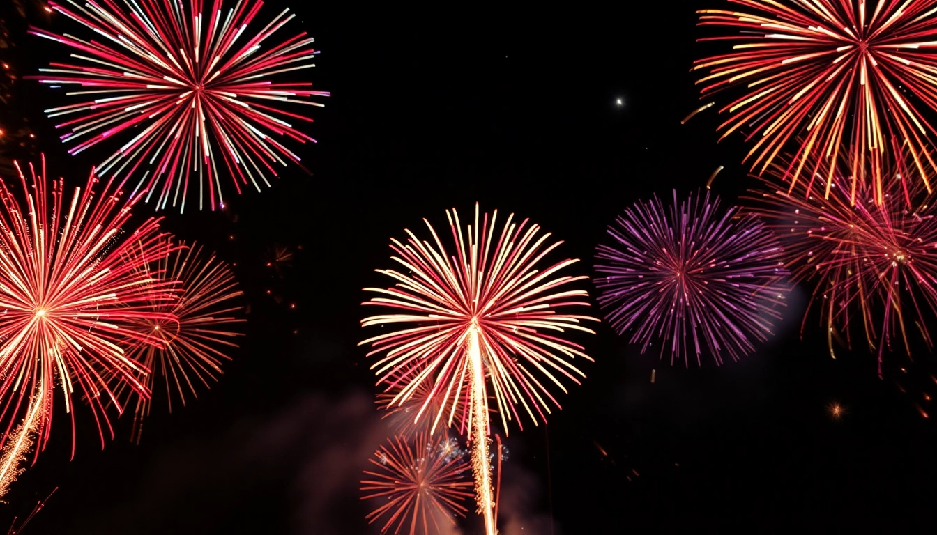 Spectacular wholesale fireworks bursting in vibrant colors against a night sky backdrop.