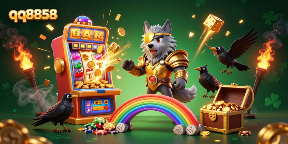 Experience thrill at qq8858 with a vivid 3D illustration showcasing Odin and ravens amidst a vibrant casino backdrop.