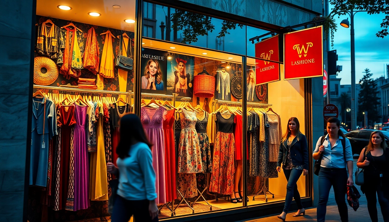 Explore diverse styles in women's fashion at a lively storefront featuring elegant dresses and chic accessories.