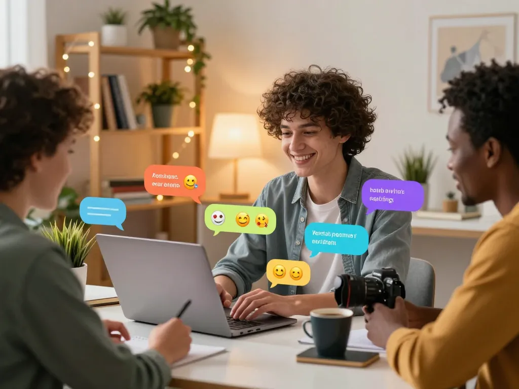 Interactive scene of individuals chatting online using sex chat ai technology in a cozy home office, conveying friendly and intimate communication.