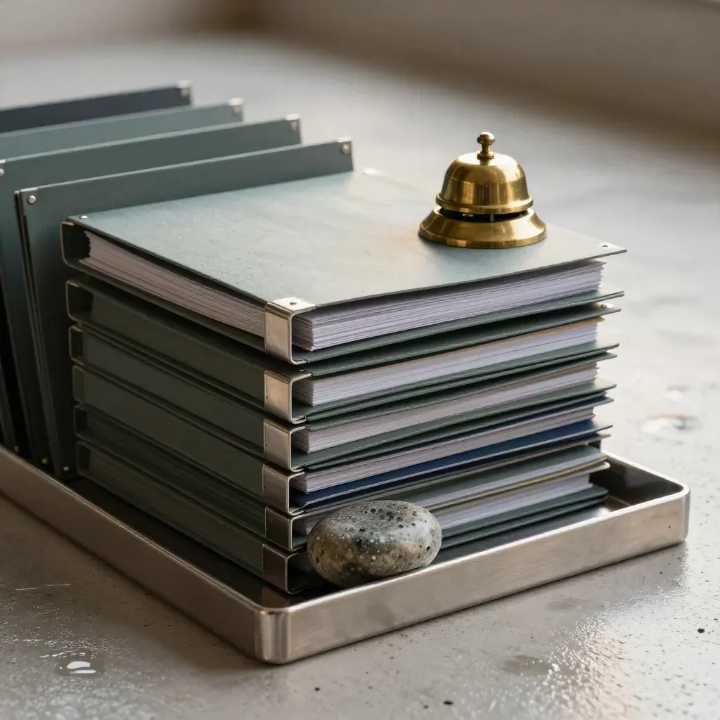 Charcoal project folders, aluminium inbox tray, brass bell and stone paperweight on pale concrete