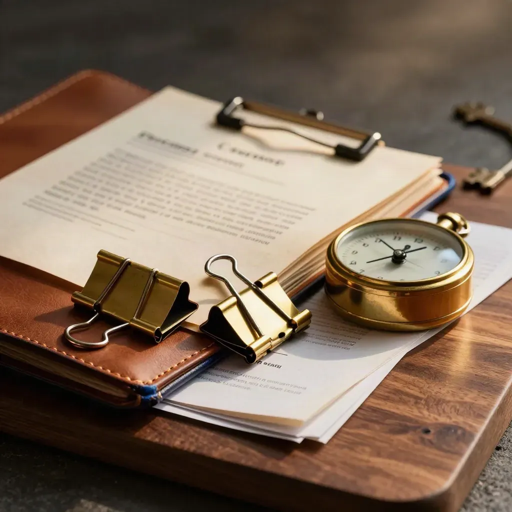 Open leather project folio, brass approval clips and a desk timer on walnut in dramatic studio light.