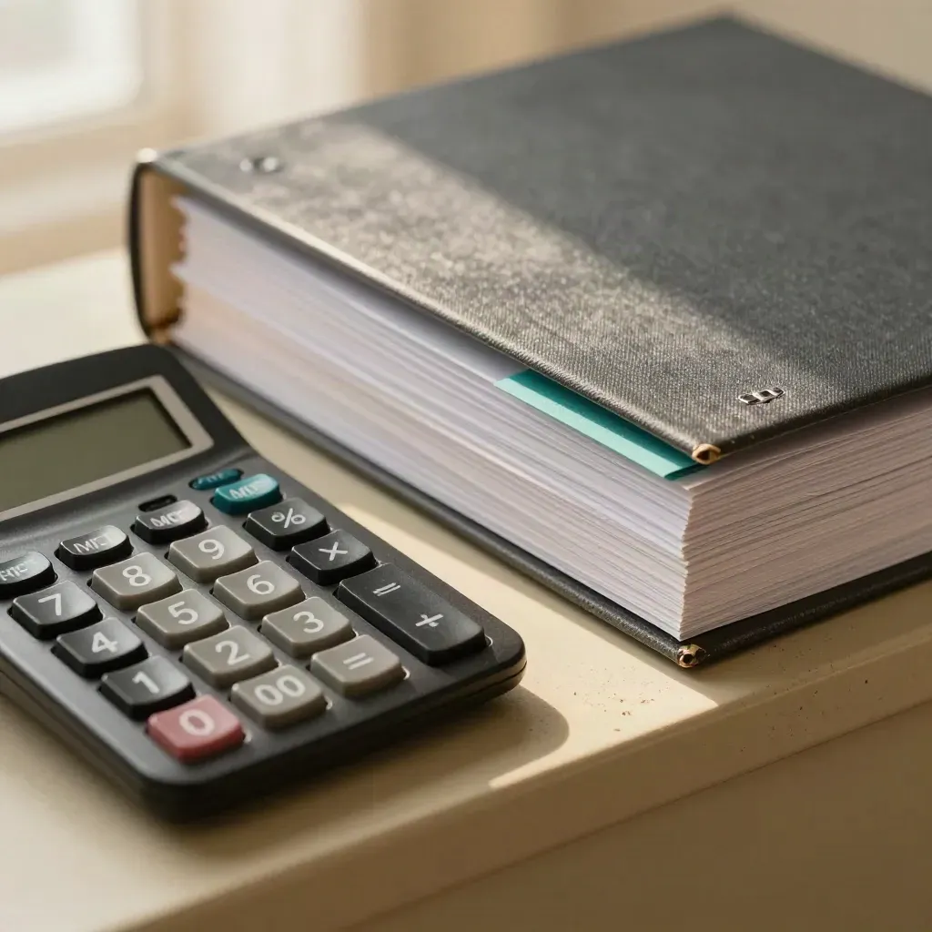 Calculator, binder, and tabbed dividers in a warm macro office still life.