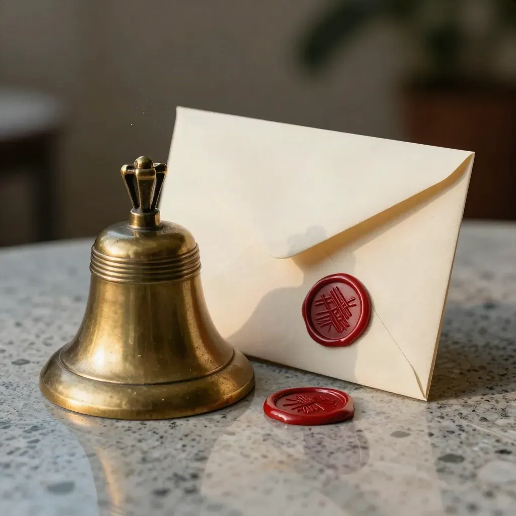 Brass bell, wax seal and cream envelopes in a moody macro still life