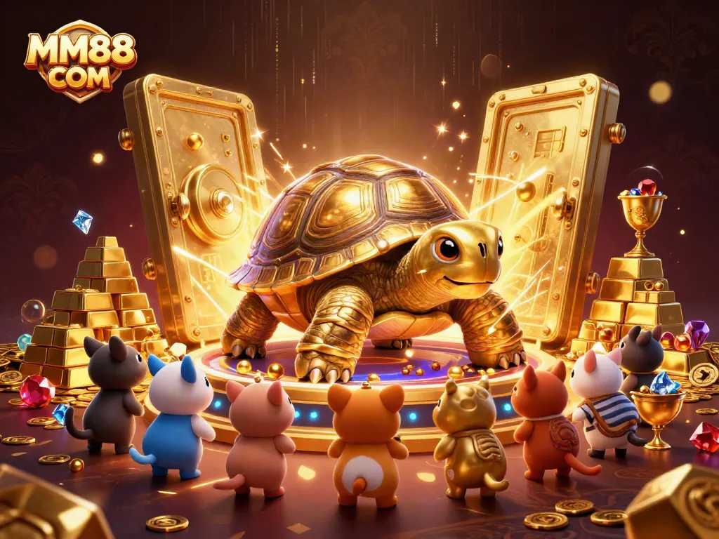 Engage in excitement with MM88 COM, featuring a colossal tortoise pinball setup surrounded by treasures.