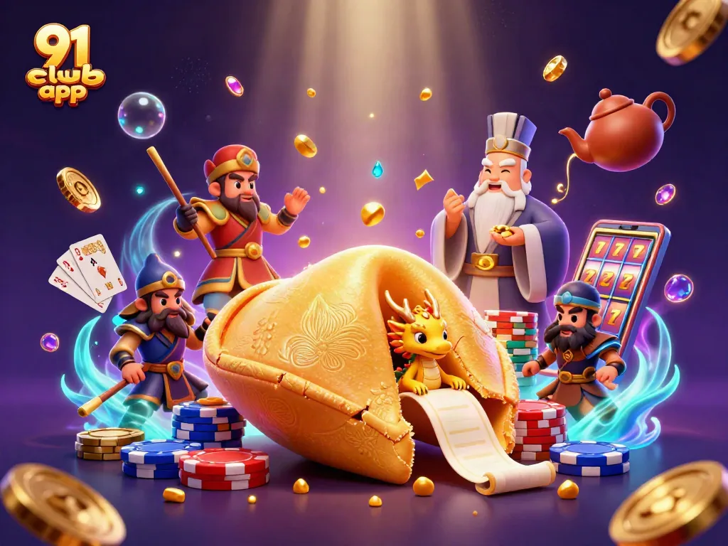 Engage with the thrilling 91 club app, featuring a dynamic scene of casino elements and magical characters.