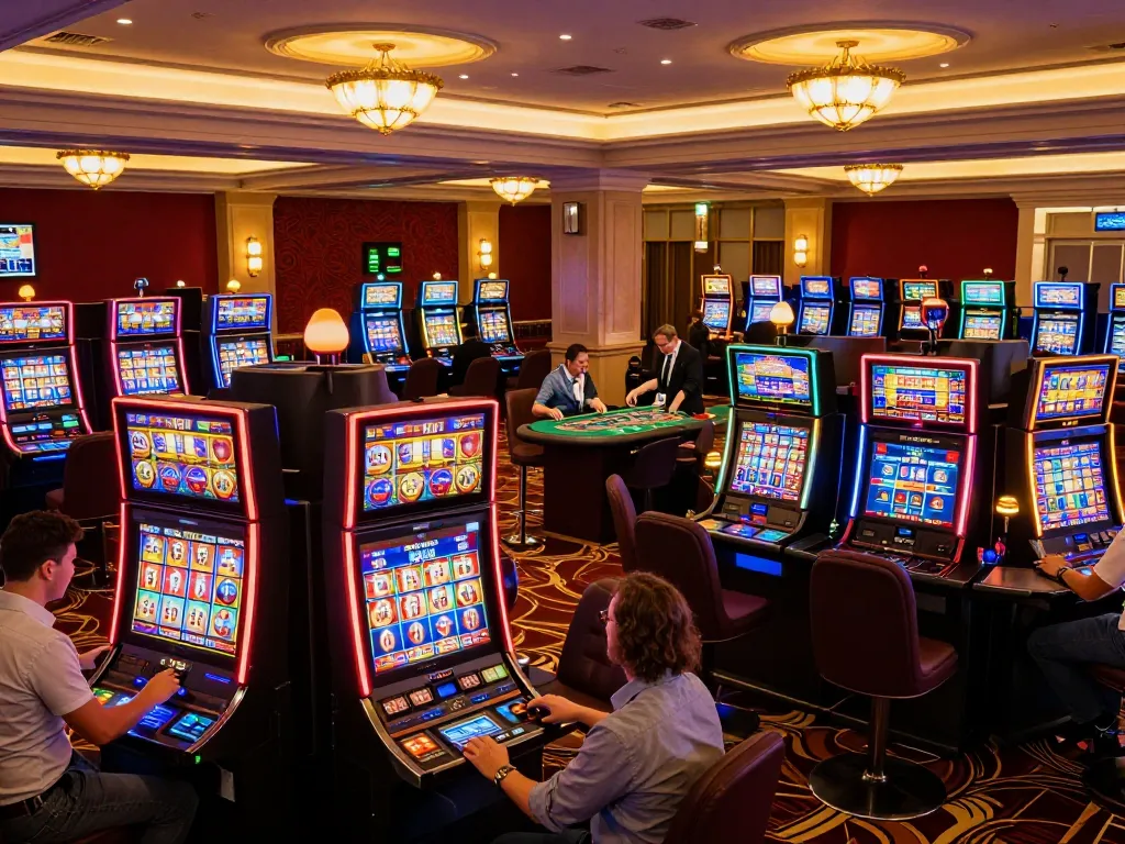 Players engaging with slot machines at 79KING casino, vibrant atmosphere, and excitement of the game.