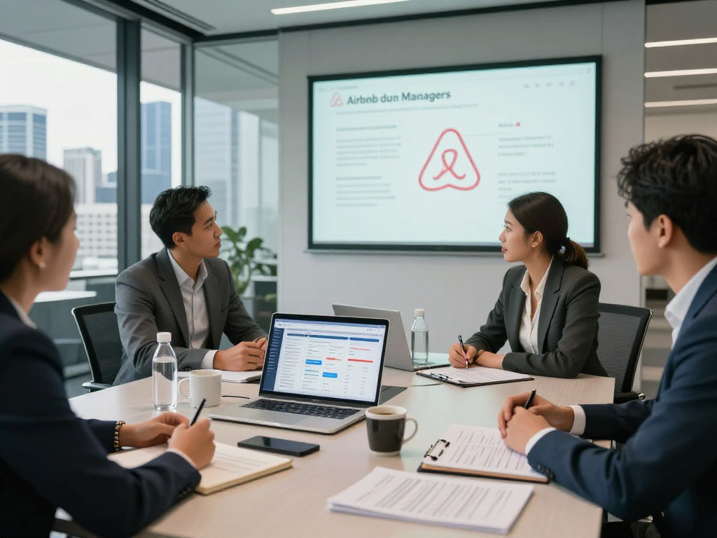 Team discussing best airbnb managers in melbourne in a modern office, showcasing analytics and collaboration.