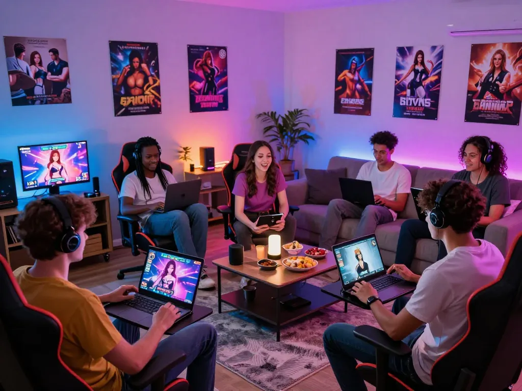 Engaging environment of gamers enjoying porn games online with interactive devices and vibrant atmosphere.