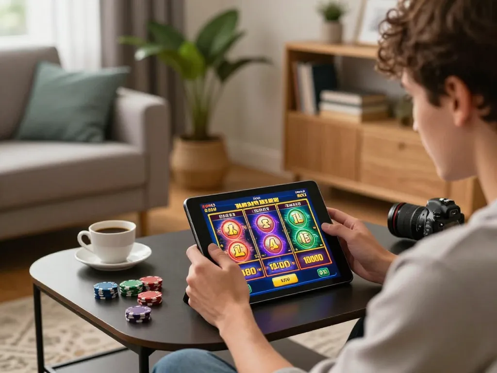 Player enjoying slot games on jun88 while seated at home, showcasing an engaging gambling experience.