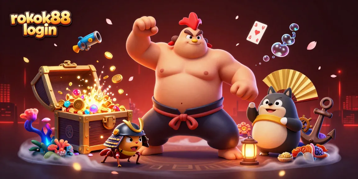 Experience excitement with rokok88 login while a powerful sumo wrestler rooster and fierce cricket create a dynamic casino scene.
