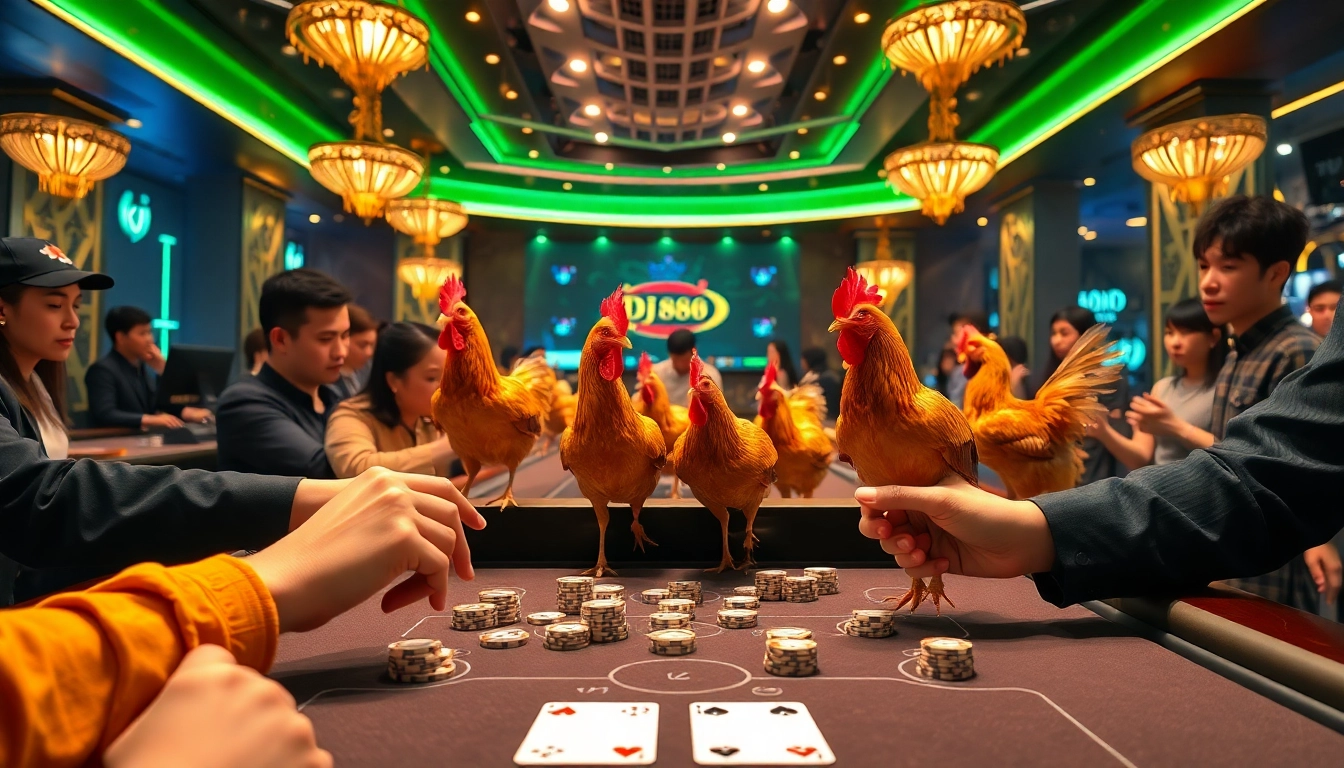 Experience the excitement of Đá Gà Thomo BJ888 in a luxurious casino setting with engaging betting action.