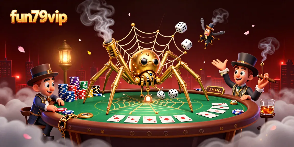 Experience fun79vip gameplay with a steampunk spider capturing dice in a vibrant casino scene.
