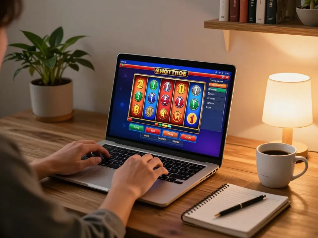 Player engaging with slot games on trang chủ 99ok at a modern home desk, showcasing a strategic setup.