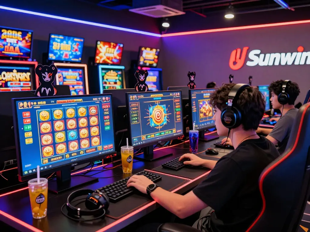 A dynamic scene showcasing a player immersed in a thrilling betting experience at Sun Win, featuring multiple screens with vibrant game visuals, energizing drinks, and LED lighting creating an excitin