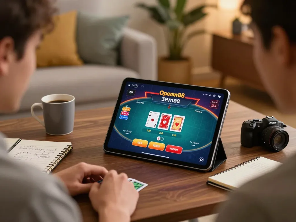 Player enjoying an online poker game on Open88 with warm lighting and strategic notes
