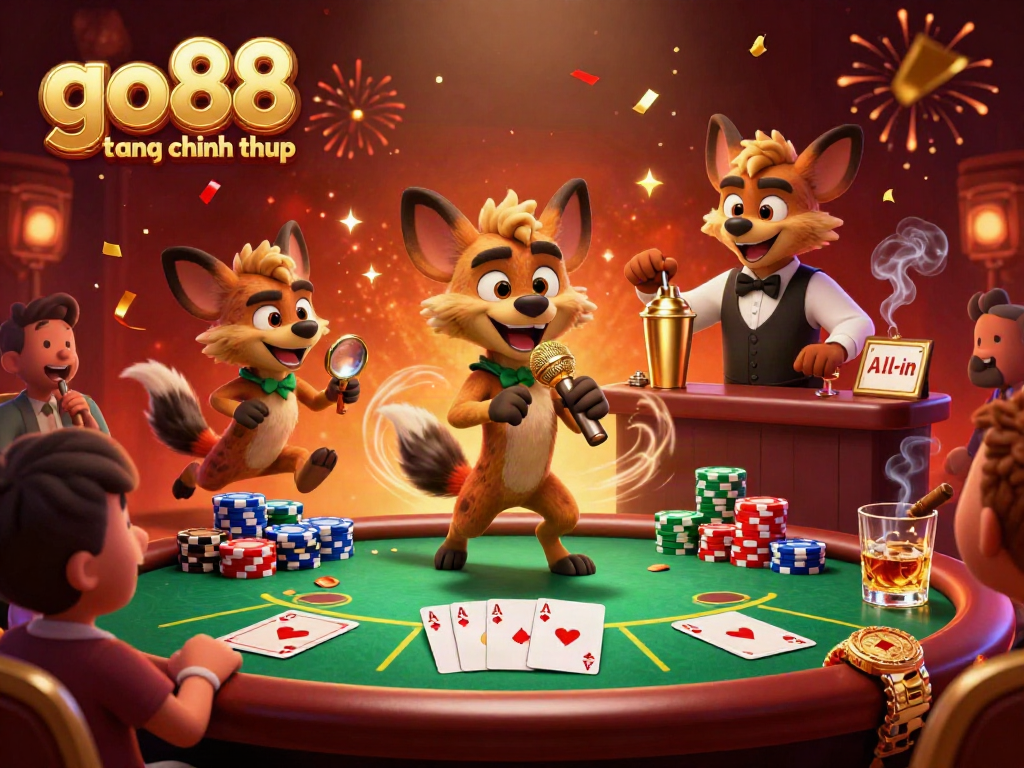 Experience the excitement of go88 trang chu chinh thuc in a vibrant casino illustration featuring hyenas running a comedy club.