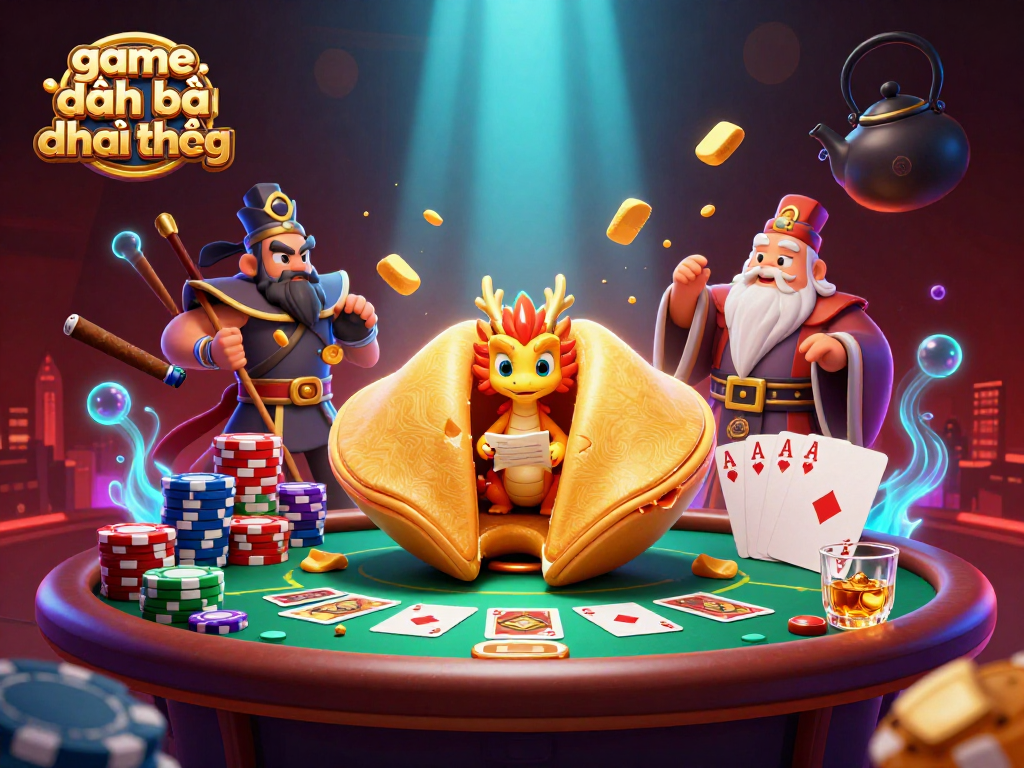 Engage in game đánh bài đổi thưởng with colorful poker elements and a mystical golden fortune scene.