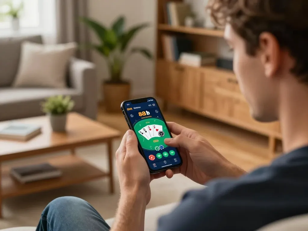 Player engages with the 888b casino app on smartphone, capturing an exciting poker moment in a cozy home.