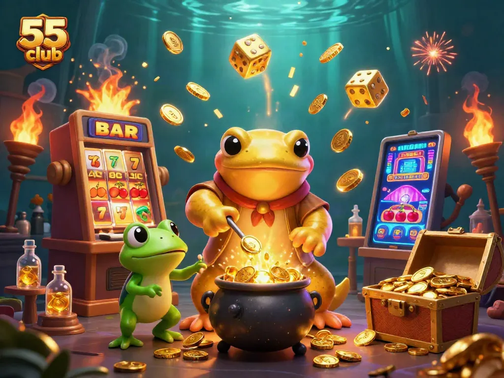 Experience thrilling games on 55 club, with gold coins and slot machines in a vibrant illustration.