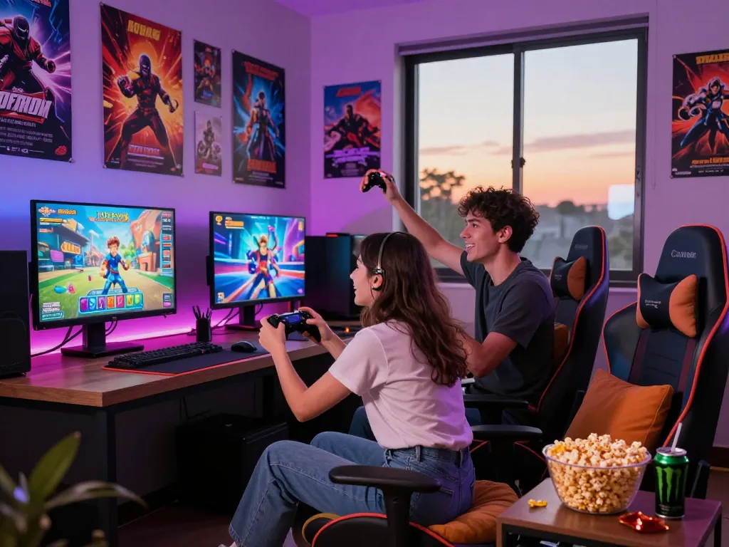 Couple enjoying a porngame on a large screen in a cozy gaming nook.