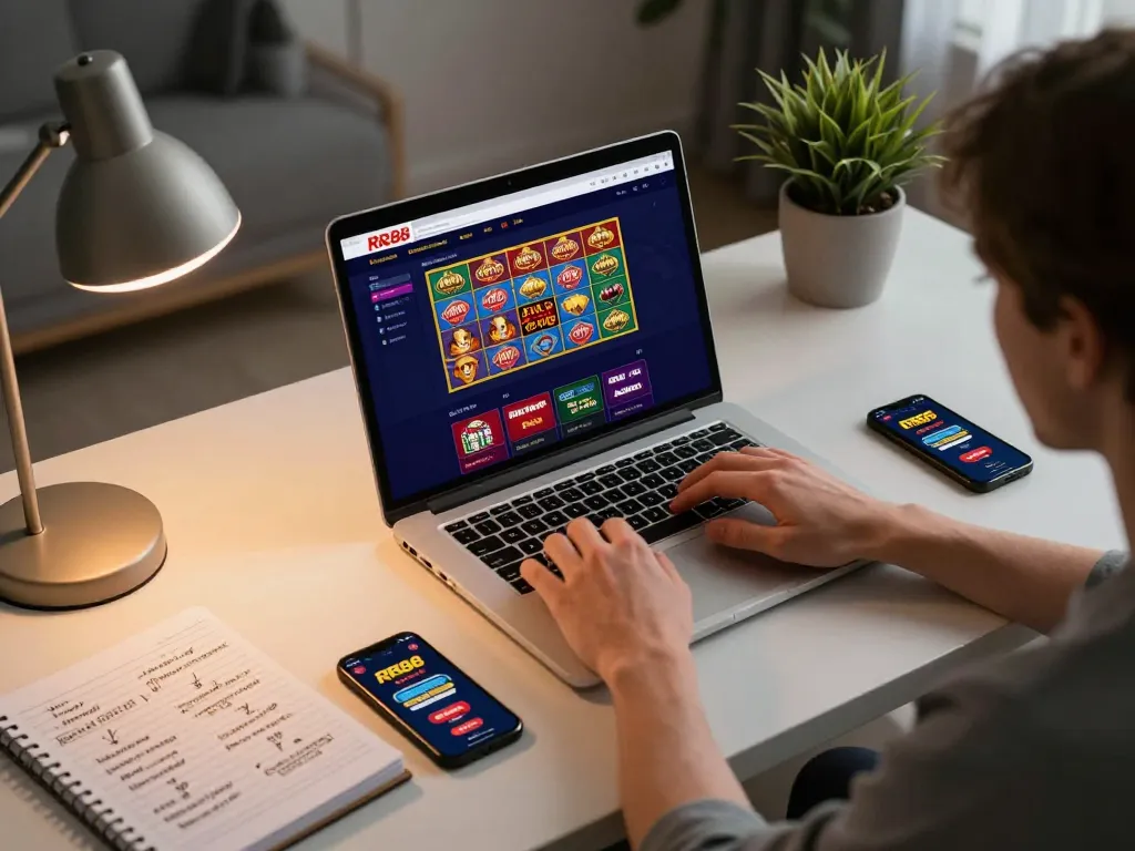 Engaging player using RR88 casino on a laptop, showcasing vibrant gaming options and strategic notes.