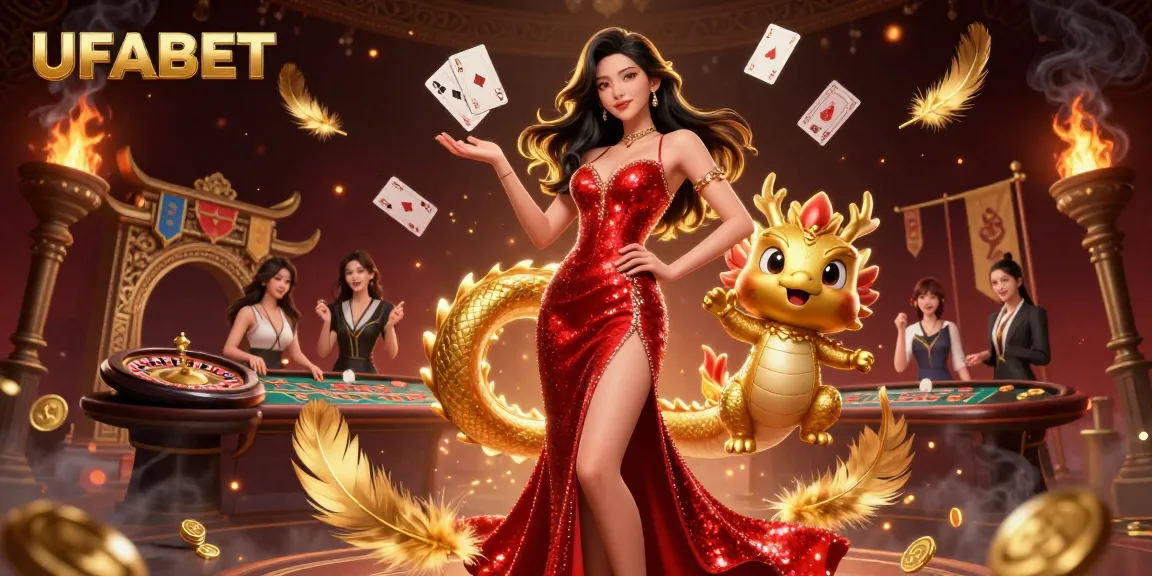 Engage with UFABET's vibrant live casino scene featuring a dazzling Asian woman and playful dragon mascot.