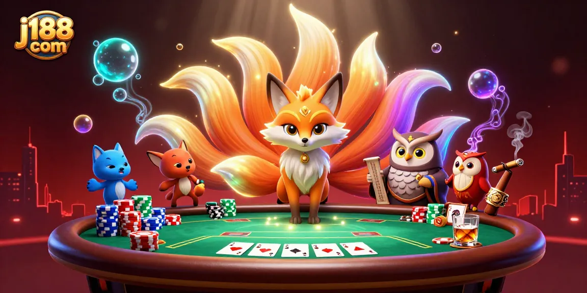 Experience winning thrills at j188 com with a vibrant 3D casino scene featuring a fox spirit and wise owl.