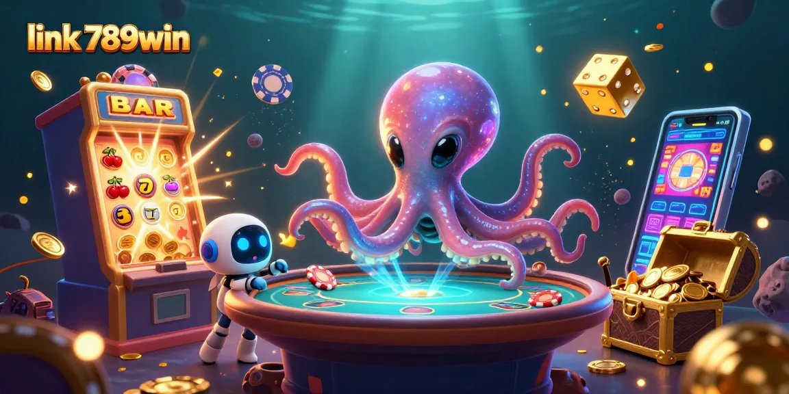 Experience thrilling gameplay with link 789win showcasing a vibrant alien octopus at a poker table amidst dazzling casino elements.