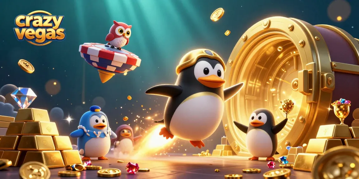 Experience the thrill of crazyvegas as a golden penguin zooms past a casino space station, celebrating online gaming excitement.
