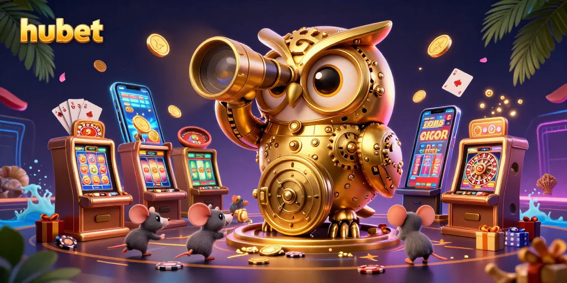 Spin colorful slots at hubet with a cartoon owl overlooking a vibrant casino scene.